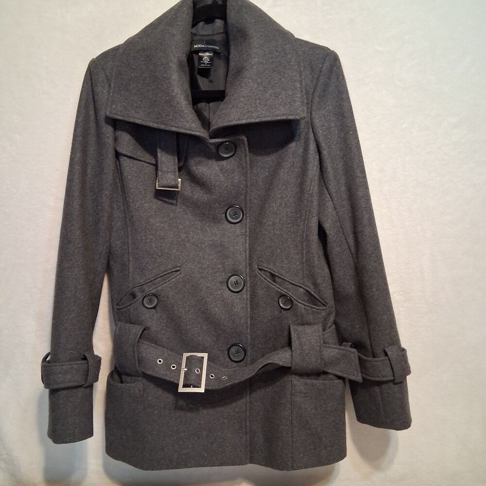 Moda International M Coat Wool Blend Peacoat Belted Button Lined Business Work
